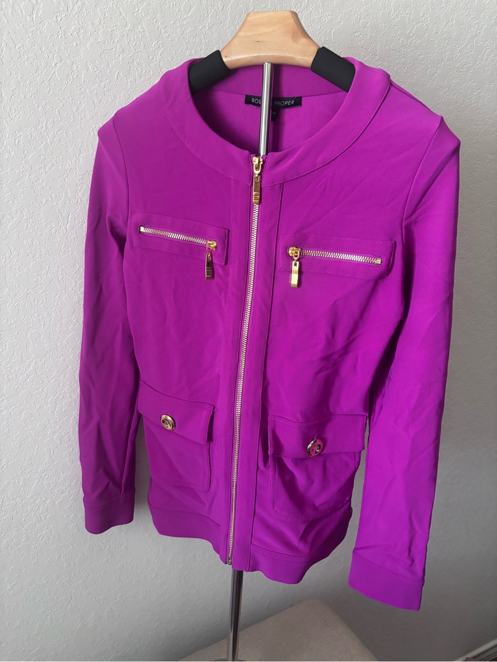 Boston Proper Beyond Travel Jacket XXS Magenta Gold Zip Utility Stretch Blazer